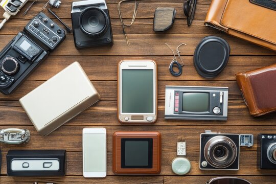 Assorted vintage and modern electronic devices scattered on a wooden surface, showcasing a mix of cameras, phones, radios, and other gadgets  Items are arranged in a visually appealing, 