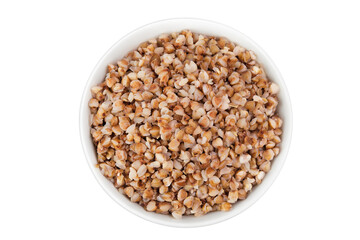 Boiled buckwheat in a ceramic bowl isolated on white background. Top view. Flat lay