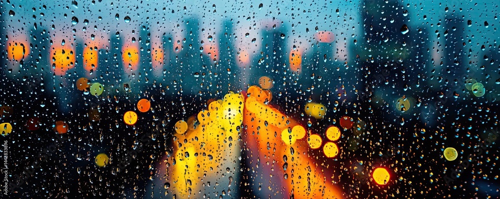 Poster raindrop on a window merging city atmosphere and rain pattern concept. city skyline through a rain-c