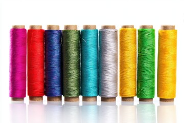 Colorful sewing threads arranged in a row on a white background for crafting and textile projects