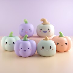 Fototapeta premium Adorable Kawaii 3D Pastel Pumpkins with Happy Smiling Faces for Cute Autumn and Halloween Designs