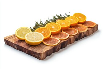 Isolated white background featuring a dewy citrus slice board.