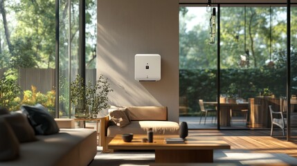 Modern home energy storage solution integrated seamlessly into a stylish living space.  Sunlight streams through large windows showcasing a tranquil garden view.  