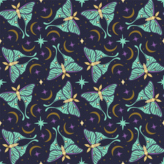 Seamless pattern with teal luna moth and moons on dark blue background. Stars and crescents boho wallpaper. Nocturnal butterfly background. Vector illustration