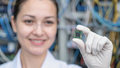  Scientist Holding Microchip in Sterile Laboratory Environment