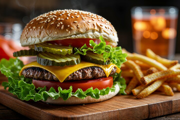 Delicious cheeseburger with french fries and refreshing drink on wooden board