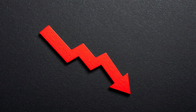 Red wooden arrow pointing down on black background. Business, market decline or economic.