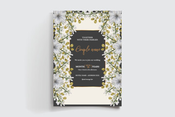 WEDDING INVITATION FRAME WITH FLOWER DECORATIONS AND FRESH LEAVES