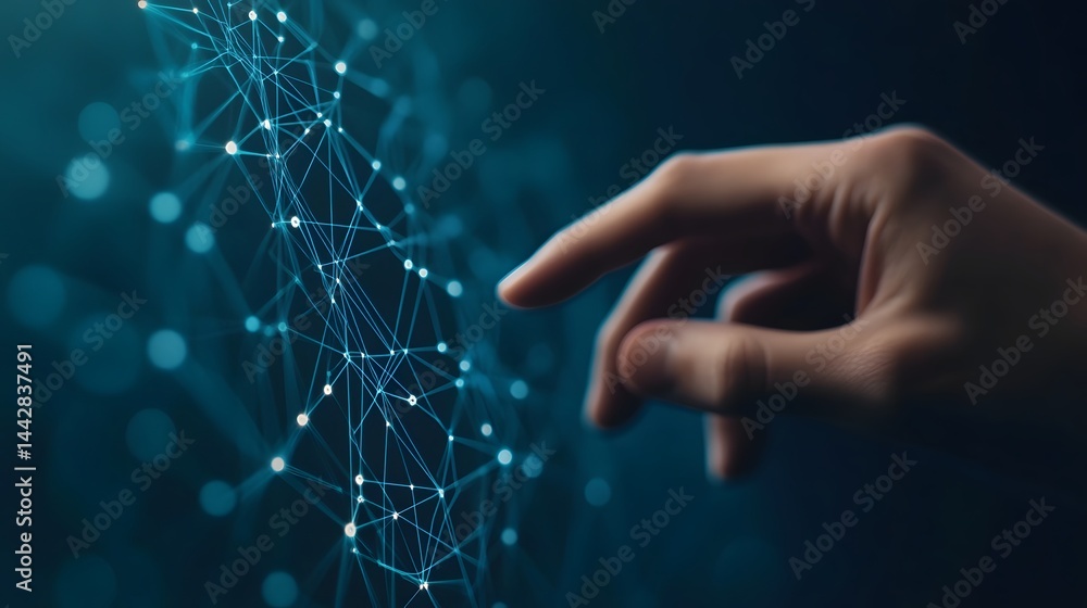 Poster futuristic digital interface with hand pointing at network connections representing and innovation
