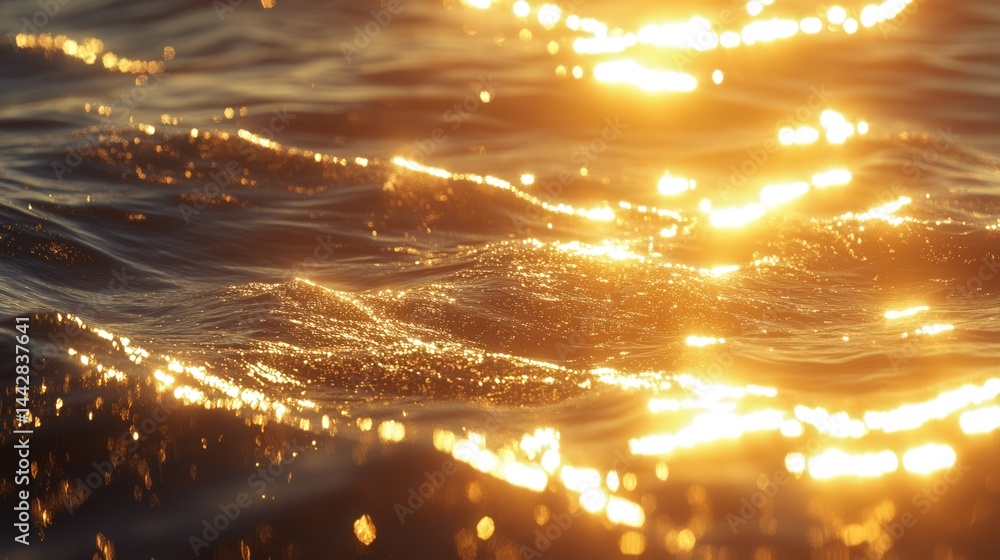 Poster a tranquil sunset scene over the ocean with golden sunlight reflecting off the water, creating a cap