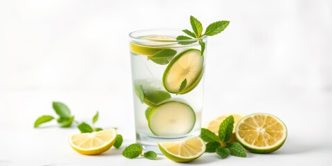 Refreshing lime, mint, cucumber infused water in glass on white,  simple,  isolated