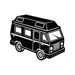Camper Van Silhouette Vector, Black Motorhome Side View Clipart, Retro Travel Vehicle Design for Road Trip Illustrations

