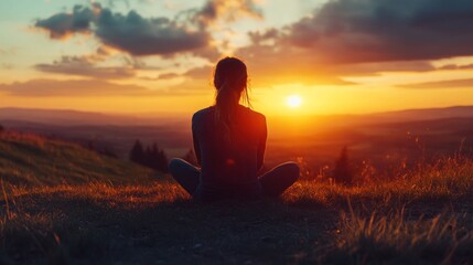 Woman meditates at sunset, mountain view