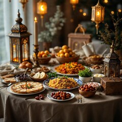 Festive Feast: A vibrant tableau of culinary delights adorns a beautifully arranged table, laden with a rich assortment of savory dishes, desserts, and festive decor. perfect for food photography.