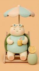 Obraz premium Adorable cartoon turtle wearing sunglasses, lounging on a beach chair under a pastel umbrella with a coconut drink, perfect for summer holiday and tropical vacation themes
