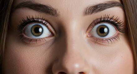Naklejka premium Caucasian woman with wide open eyes, closeup, brown background. Surprise, shock, fear, emotion, wellness, mental health, awareness, sale, horizontal banner