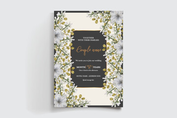 WEDDING INVITATION FRAME WITH FLOWER DECORATIONS AND FRESH LEAVES
