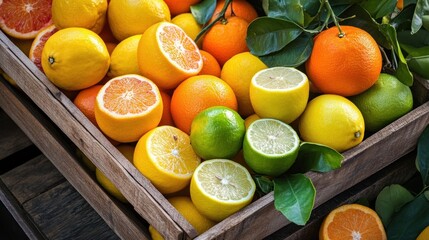 Fresh citrus fruits in a wooden crate