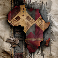 Map of Africa silhouette filled with traditional textile pattern on aged parchment background