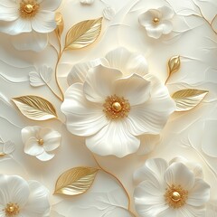 Elegant White Floral Pattern with Subtle Gold Accents on Textured Surface