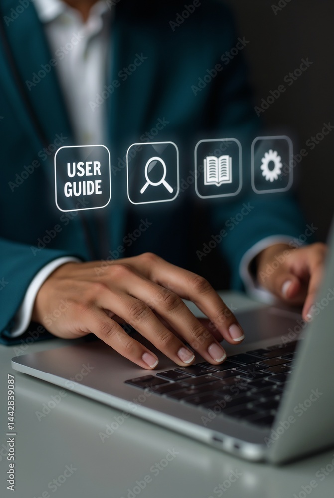 Poster businessman using laptop with virtual user guide icon for business service. user manual guide, onlin