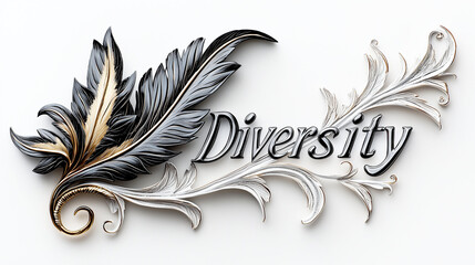 Diversity text presented with elegant contrasting black and white ornamental flourishes on white