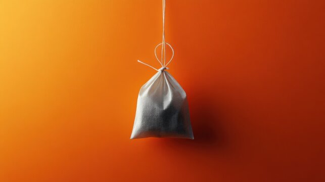 Tea bag with string hanging loosely on a vibrant orange background, minimalistic look