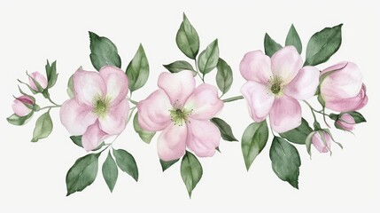 Fototapeta premium Delicate pink floral arrangement with green leaves on white background