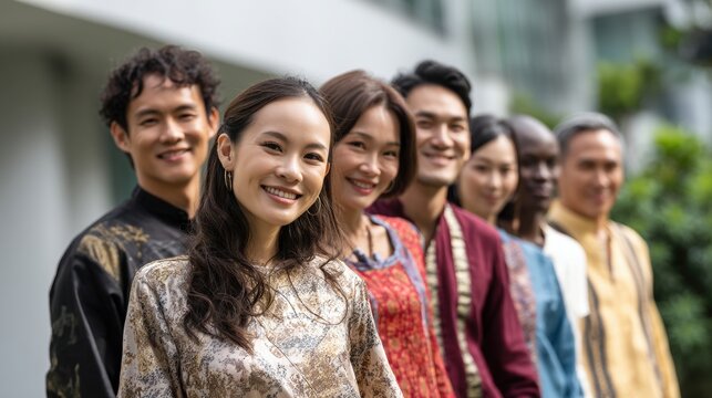 Multicultural gathering of young Asian people with subtle national identity elements, representing diverse Southeast Asian nations, captured with natural outdoor lighting for cultural exchange