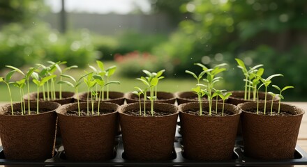 Young green seedlings growing in biodegradable pots in sunlit garden