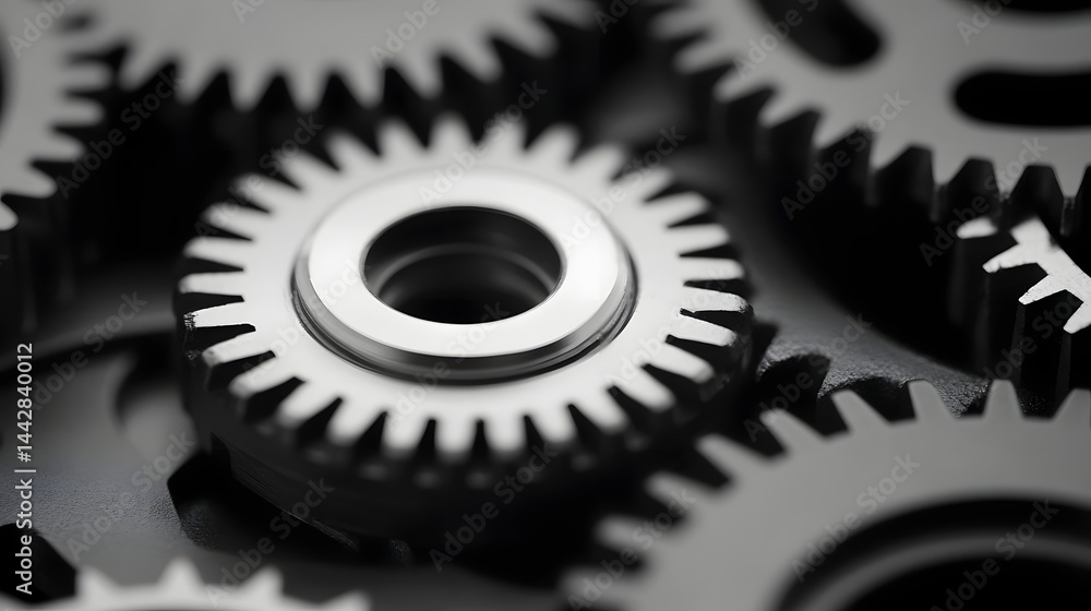 Poster detailed close-up of black and white mechanical gears and cogs long_title:this image showcases a det