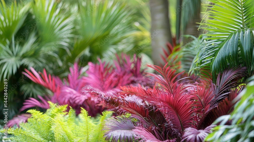 Fototapete a vibrant blend of purplish-red ferns and palms fills the scene, offering both a lush, inviting atmo