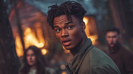Obraz premium Young Black man looks surprised, fire in background.