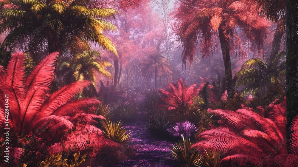 Fototapete a vibrant blend of purplish-red ferns and palms fills the scene, offering both a lush, inviting atmo