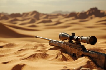 Sniper rifle in desert landscape