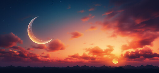 Crescent moon in the sky at sunset with a copy space banner background for Ramadan, Eid al-Fitr, and other Islamic holidays