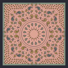 Pastel beige scarf or bandana design with paisley mandala pattern. Ethnic pink carpet design. Abstract boho background.