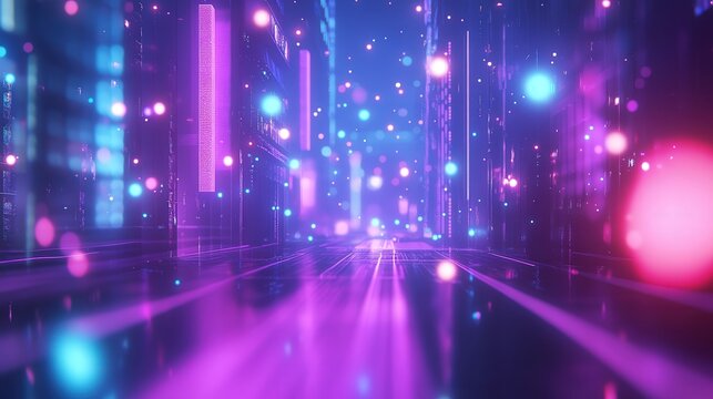 A vibrant disco scene with neon blue and purple lights flashing in the background, enhanced by a bokeh effect that adds a dreamy, mesmerizing feel.