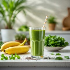 Refreshing Green Smoothie: A vibrant green smoothie, brimming with health benefits, beckons with its refreshing appeal. Nestled in a bright, inviting kitchen.