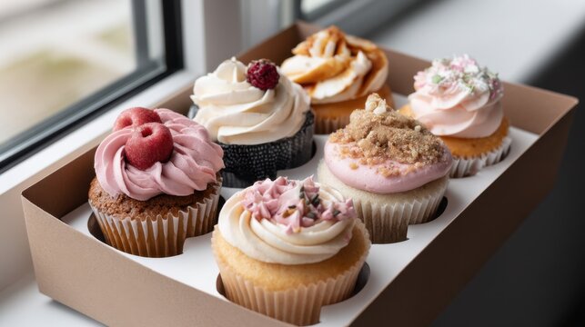 Assorted decorative cupcakes in box by window with berries and cream toppings - Powered by Adobe