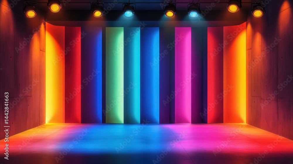 Poster a vibrant mockup of a studio room featuring multiple colored backgrounds, illuminated by spotlights 