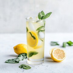 Fototapeta premium National Lemonade Day Refreshing lemon mint iced beverage with ice cubes and fresh leaves