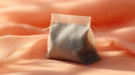 Tea bag resting on a soft peach background, slight texture visible on the fabric