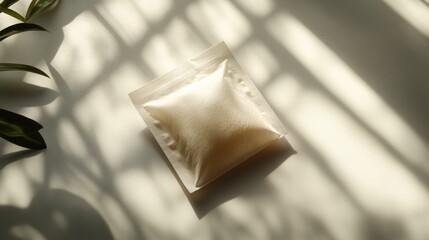 Tea bag resting on a smooth, light grey background with a soft drop shadow for depth 