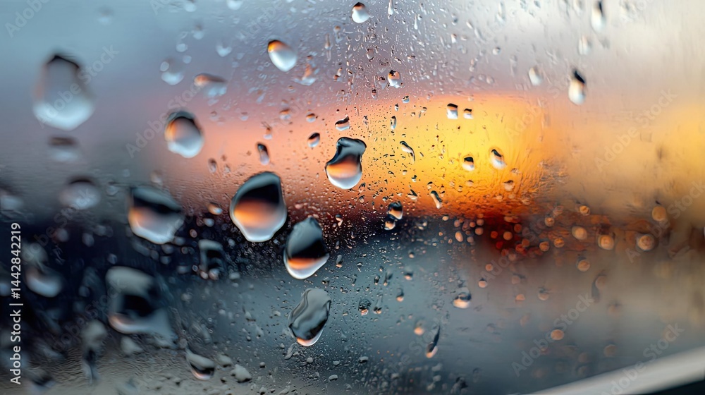 Poster raindrop on a window merging city atmosphere and rain pattern concept. close-up of water droplets on