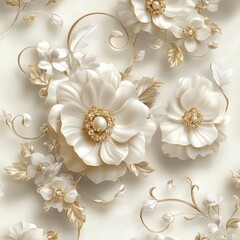 Elegant White Floral Pattern with Pearls and Delicate Gold Accents