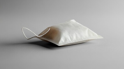 Tea bag resting on a smooth, light grey background with a soft drop shadow for depth 