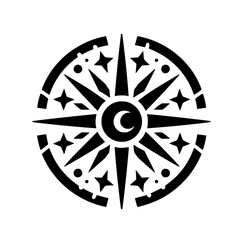 Stylized Celestial Compass: Black & White Geometric Symbol with Moon and Stars. Mystical, Spiritual Graphic Design Element.