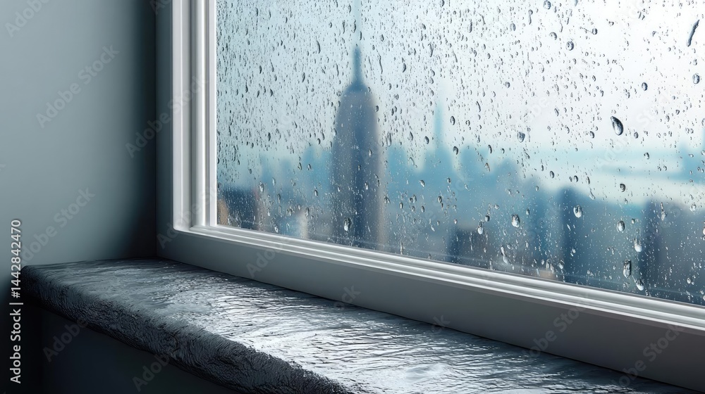 Poster raindrop on a window across cityscape with layered water texture concept. a rain-soaked window view 