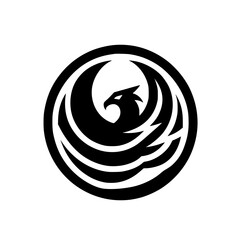 Modern Black and White Phoenix Bird Logo Emblem in Circle. Stylized Graphic Icon Design.